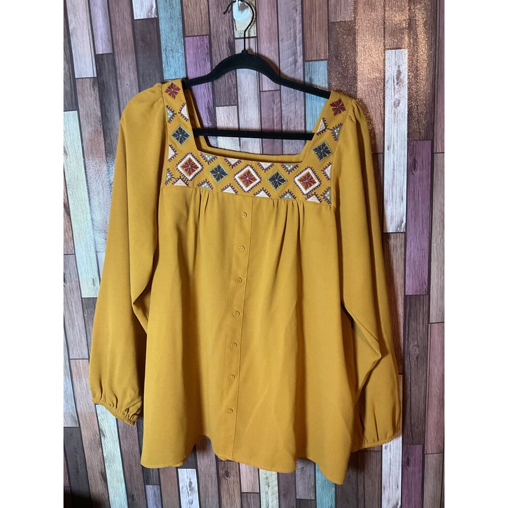 FSL Apparel Mustard Diamond Embroidery Boho Long Sleeve Top Women’s Size Large - Picture 2 of 2